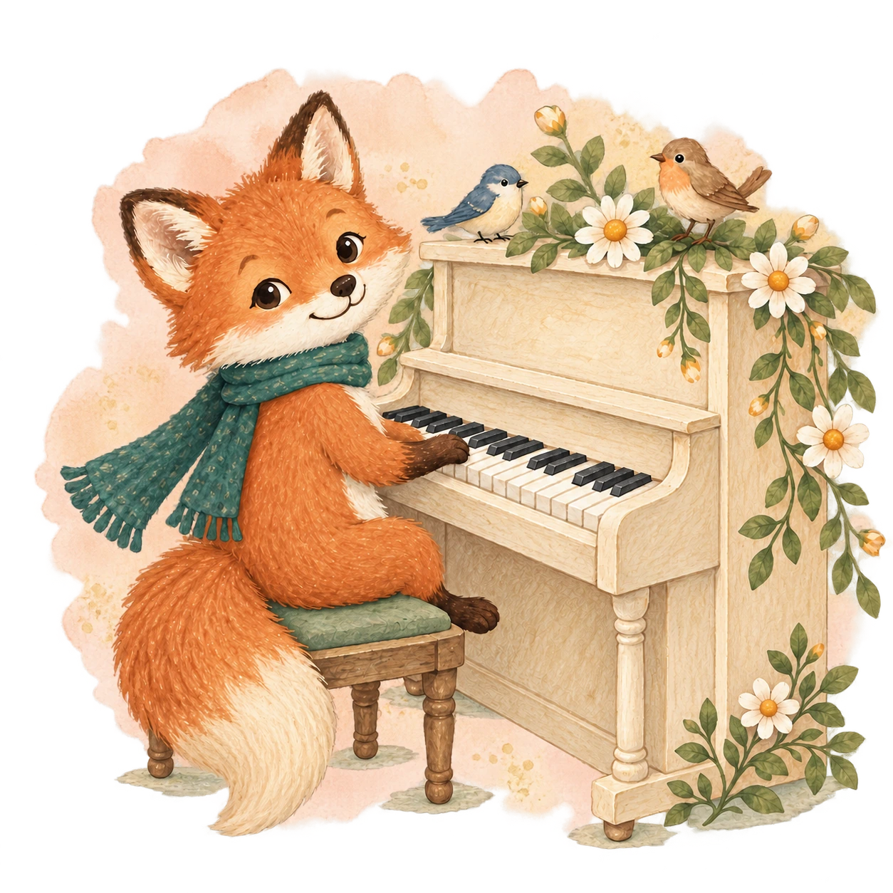 A friendly fox playing a flower-covered piano