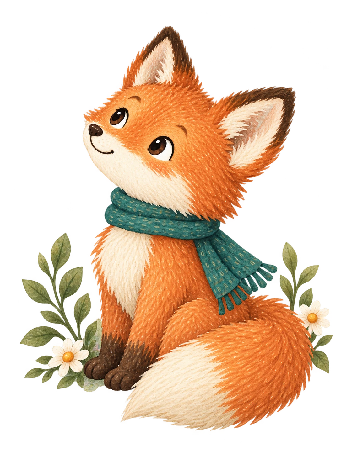 Illustration of Fox wearing a teal scarf, sitting among leaves and flowers